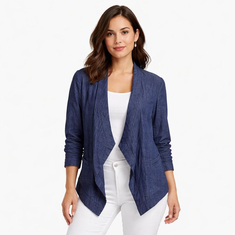 Coldwater Creek Jacket Womens PL Blue Linen Open Front Draped Hem Lightweight